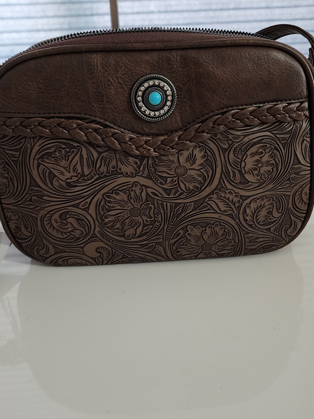 Western Style Embossed Brown Vegan Leather Crossbody Bag with Turquoise Accent - Picture 7 of 11